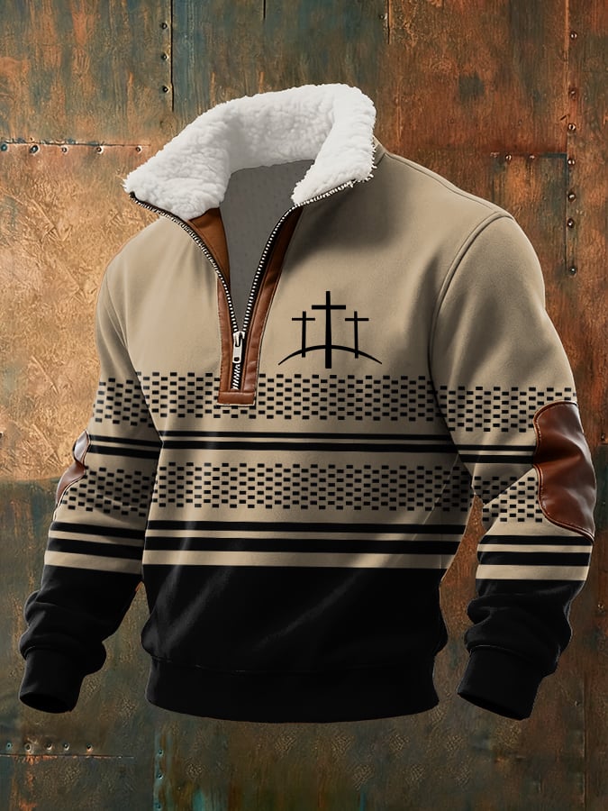 Men's Retro Faith Casual Printed Fur Collar Sweatshirt