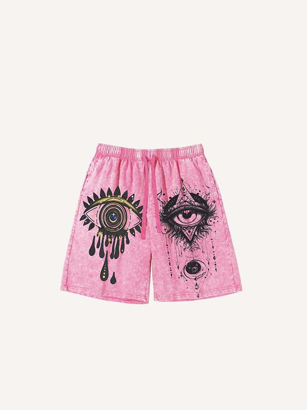 Distressed   Eye&Moon&Graphic Print Drawstring Waist Shorts