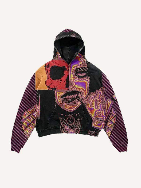 Colorblock Striped&Skull&Figure Print Slant Pockets Hoodie