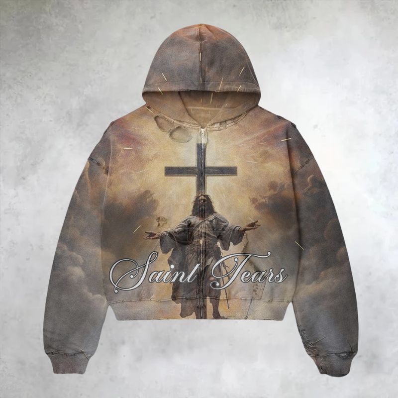 Religious Jesus Art & Saint Tears Graphic Zip Up Hoodie