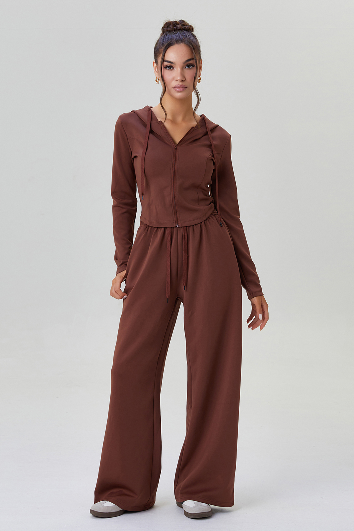 KatchMe Women's Casual Solid Color Hooded Zipper Stretch Long Sleeve Top & Wide Leg Trousers Co-ord, Comfort Set for Spring & Fall, Two Piece Outfits