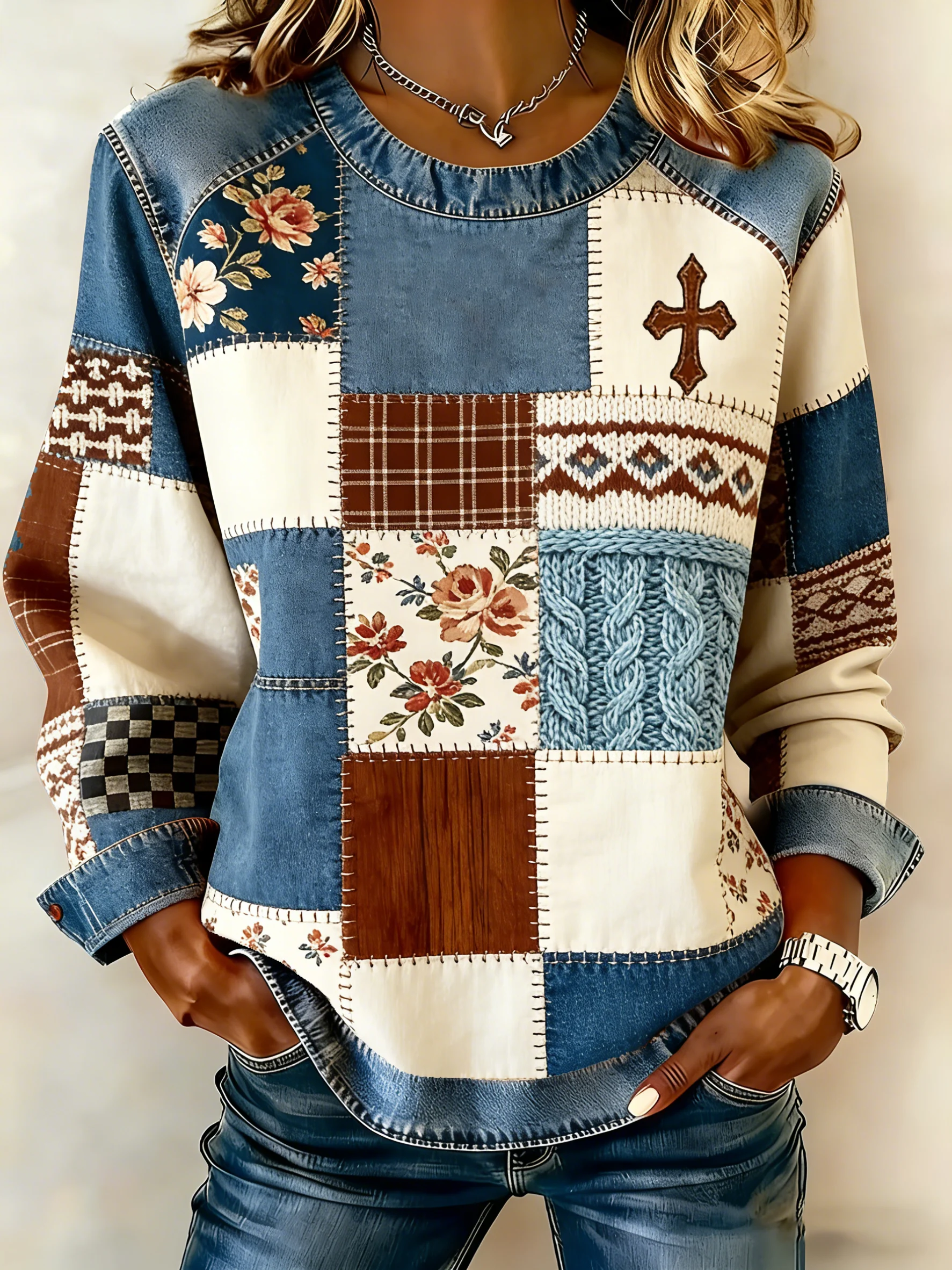 Women's Floral Denim-Like Print Sweatshirt-Fast Shipping