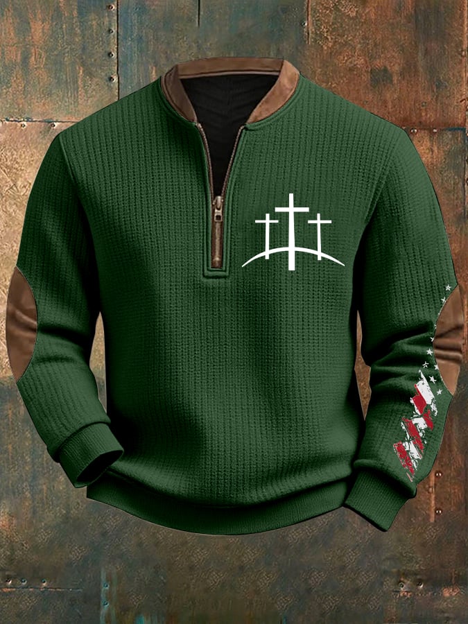 Men's Retro Faith Design Printed Zip Knit Sweatshirt