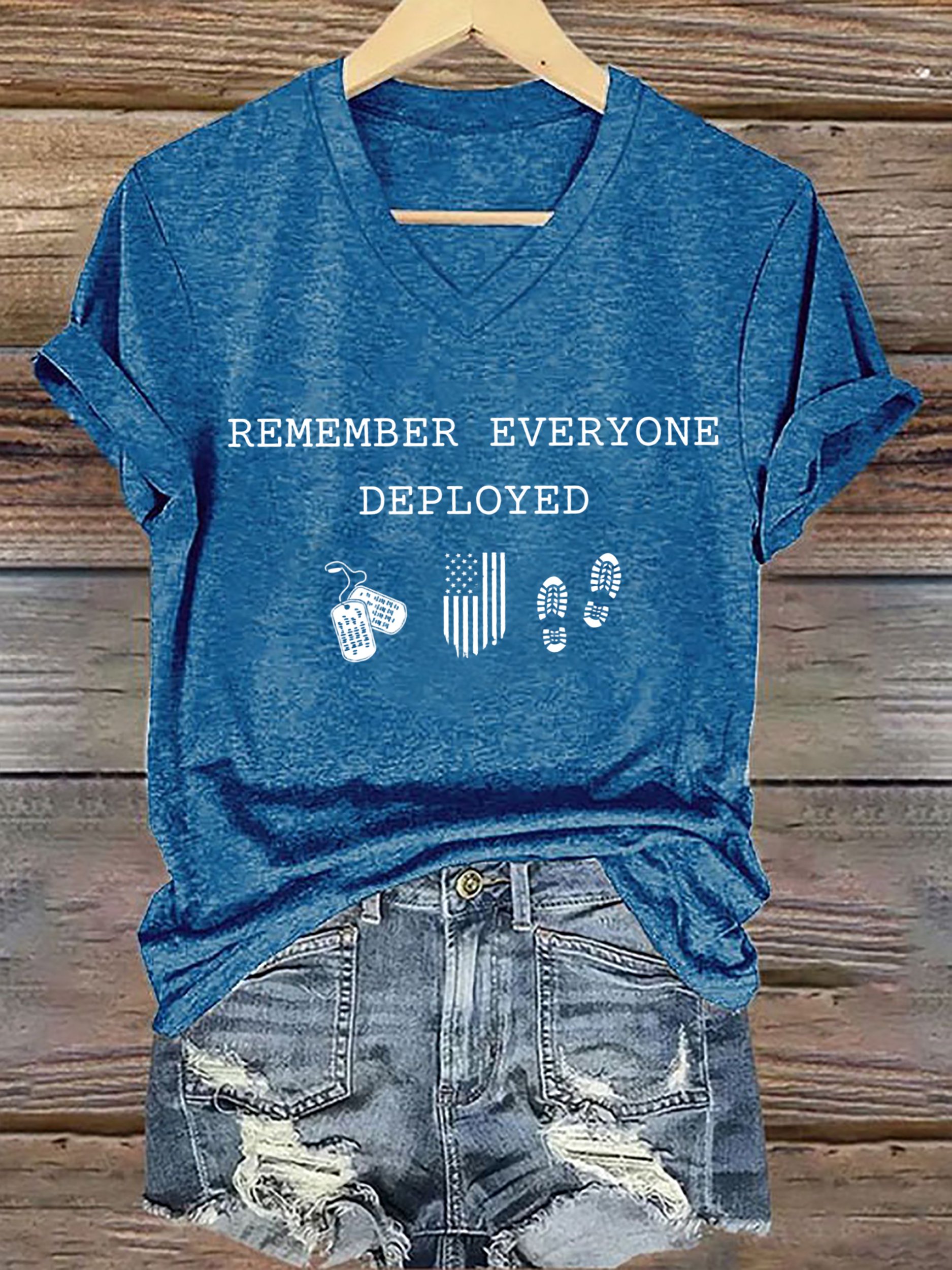 Women's On Fridays We Wear RED Remember Everyone Deployed Print V Neck T-shirt