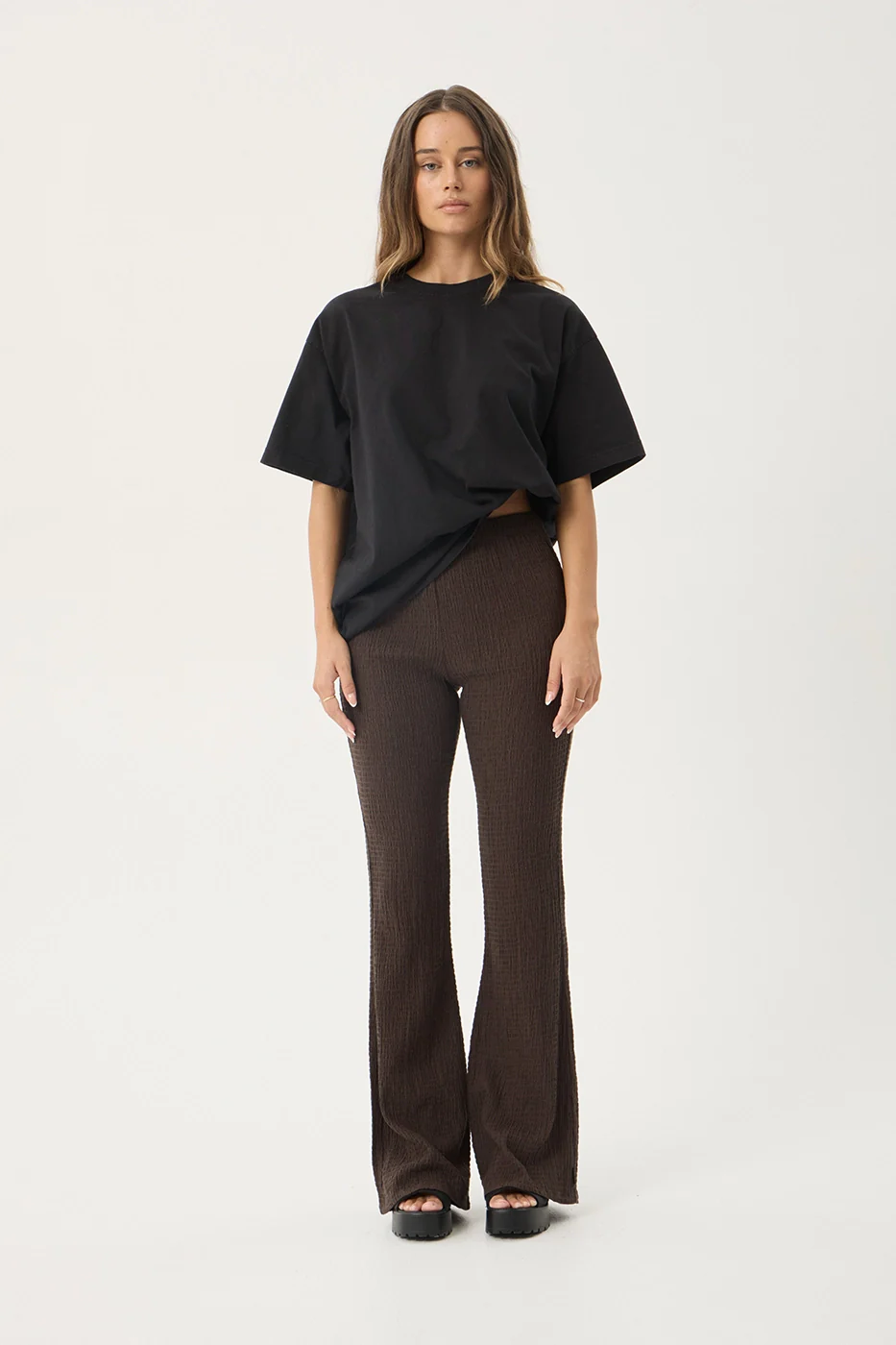 AFENDS Womens Focus - Seersucker Flare Pant - Coffee