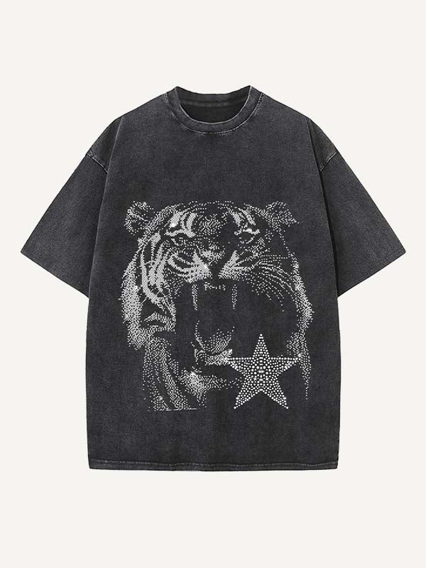 Distressed Washed Tiger Faux Rhinestones Print Round Neck T-shirt