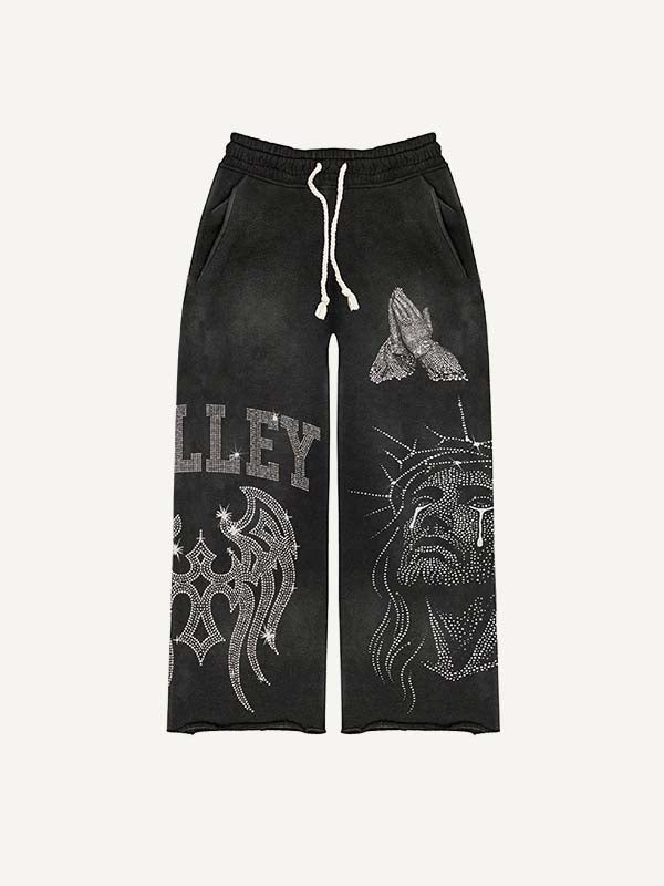 Jesus&Pray&Cross&Wing&Letter Faux Rhinestones Print Elastic Waist Pants