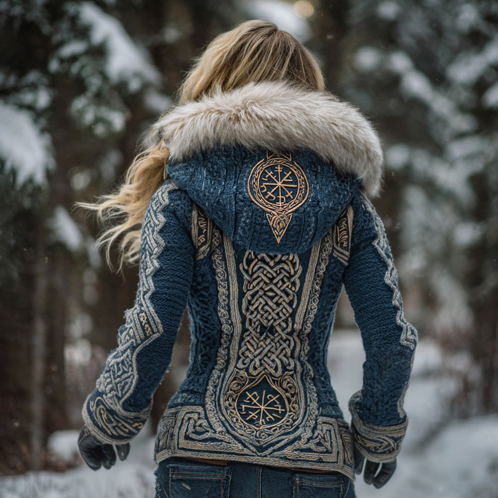 Women's Viking Retro Rune Celtic Knot Knit Hooded Fuzzy Sweater Jacket