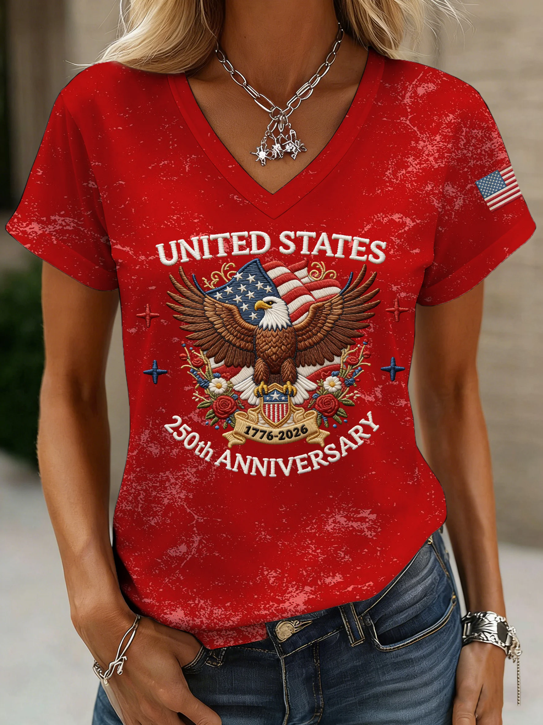 Women's American 250th Anniversary Print Casual V-Neck Top