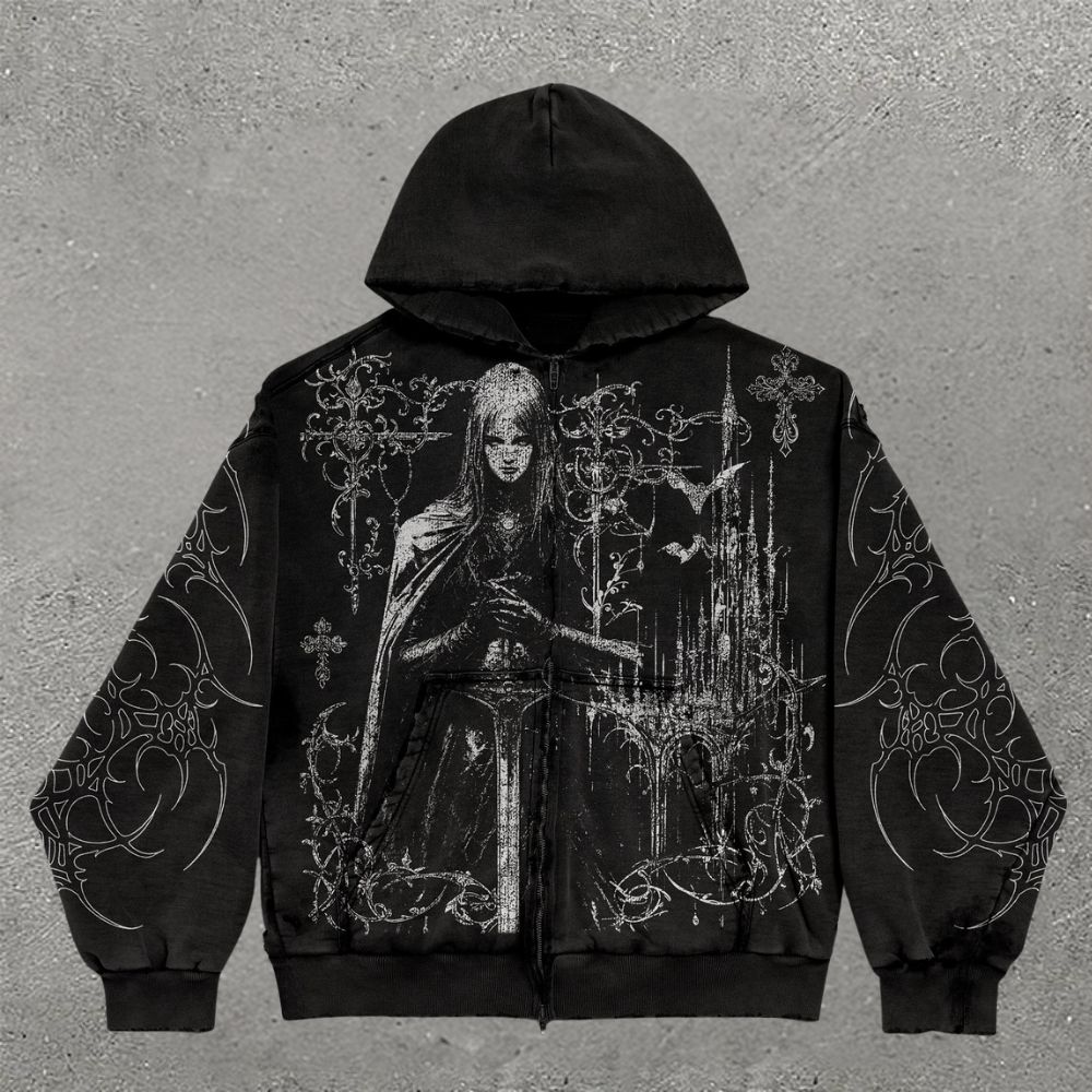 Gothic Swordswoman & Ornate Print Zip-Up Hoodie