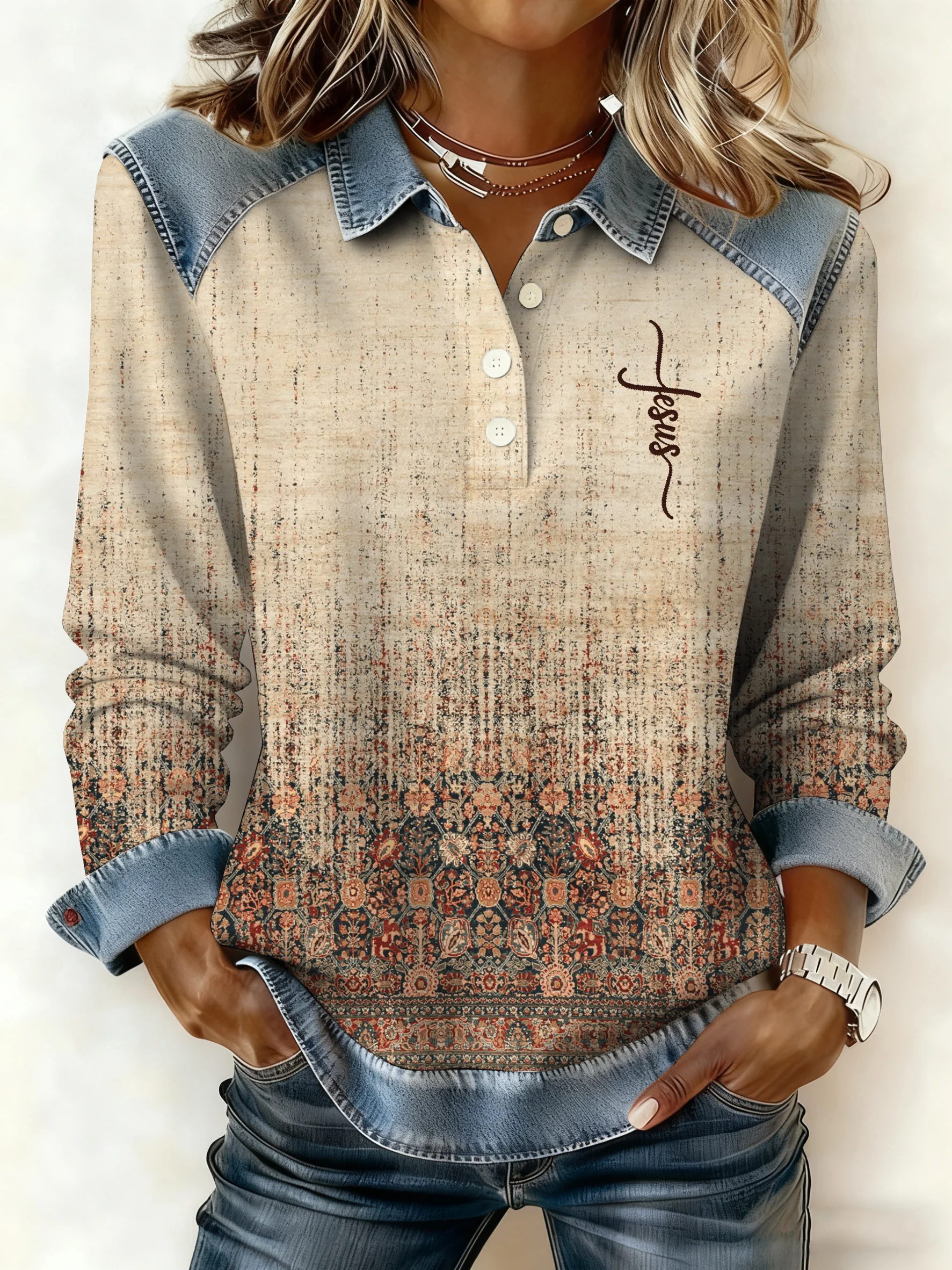 Women's Winter Retro Western Style Denim Print Top-Fast Shipping