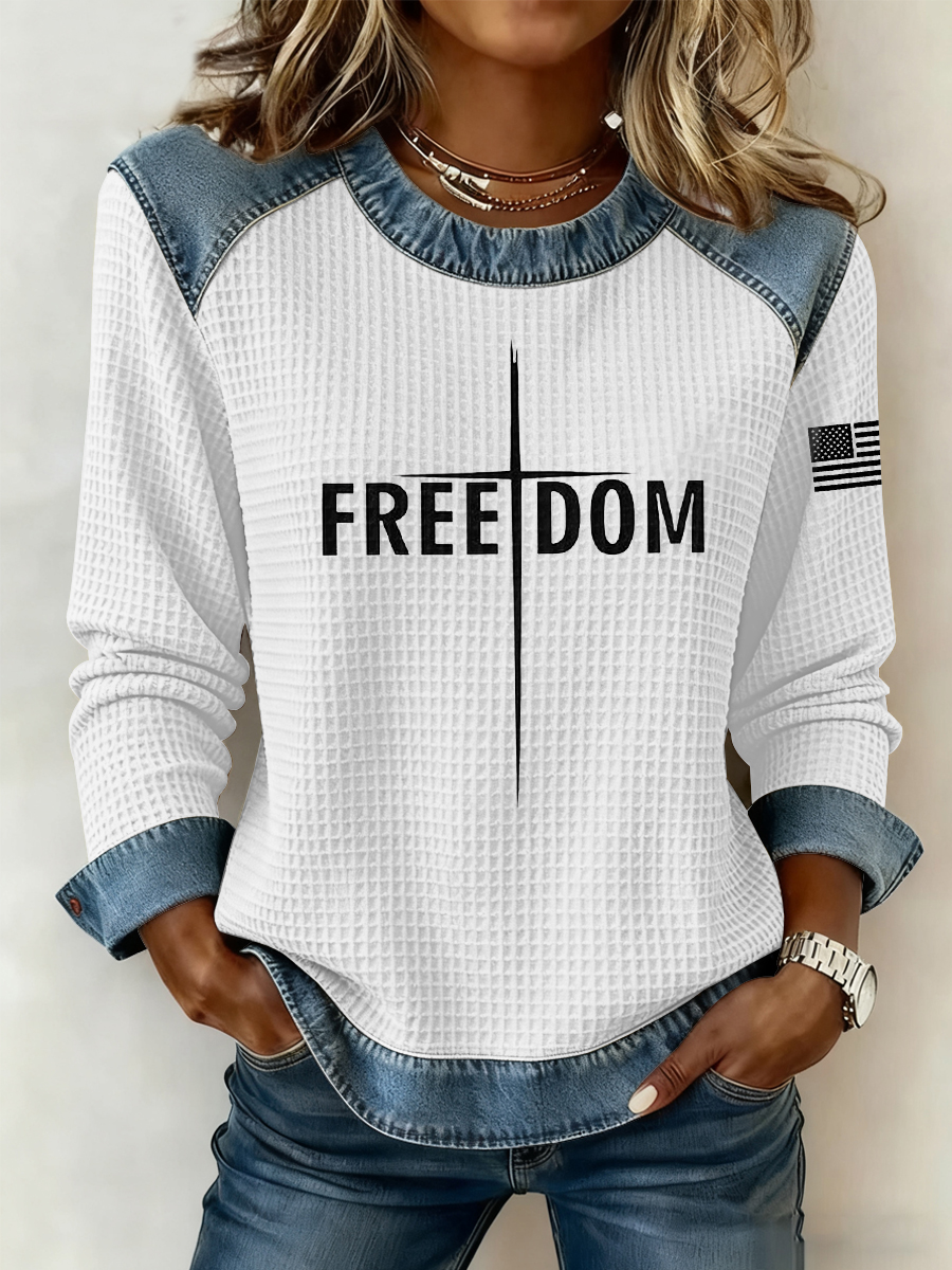 Women's Freedom 1776-2026Flag Printed  Denim Patchwork Waffle Top