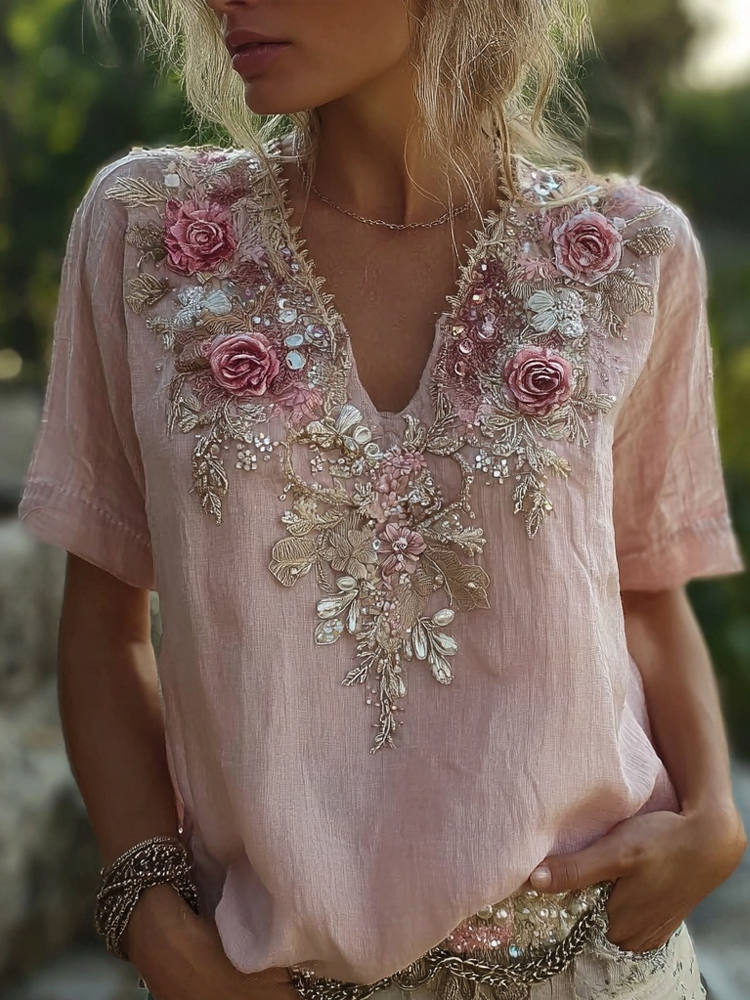 Vintage Boho Pink Roses Embroidered Short Sleeve Linen Shirt