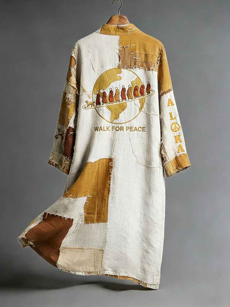Vintage Peace For Walk Simple Art In Patchwork Print Linen Long Kimono