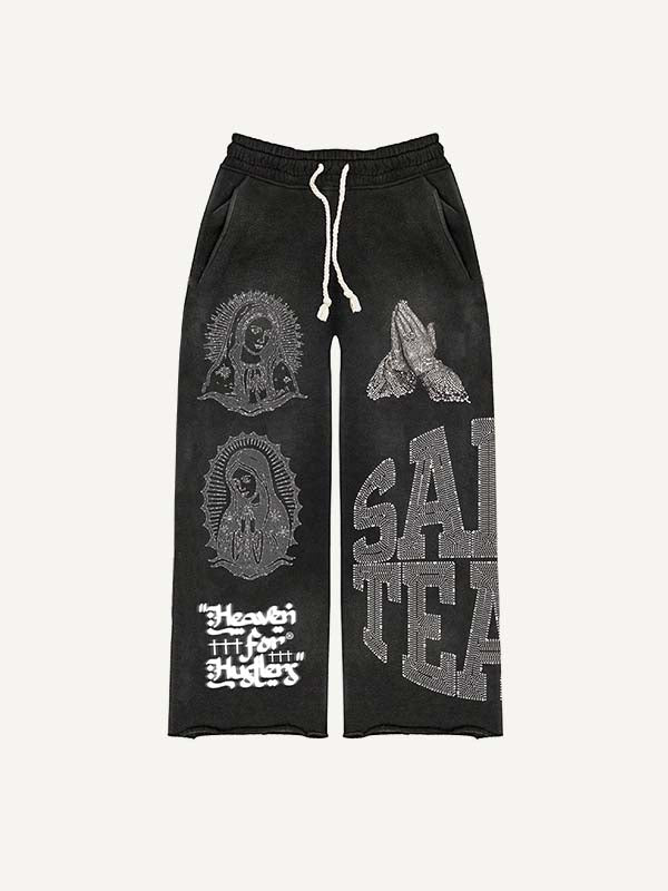 Mary&Pray&Letter Faux Rhinestones Print Elastic Waist Pants