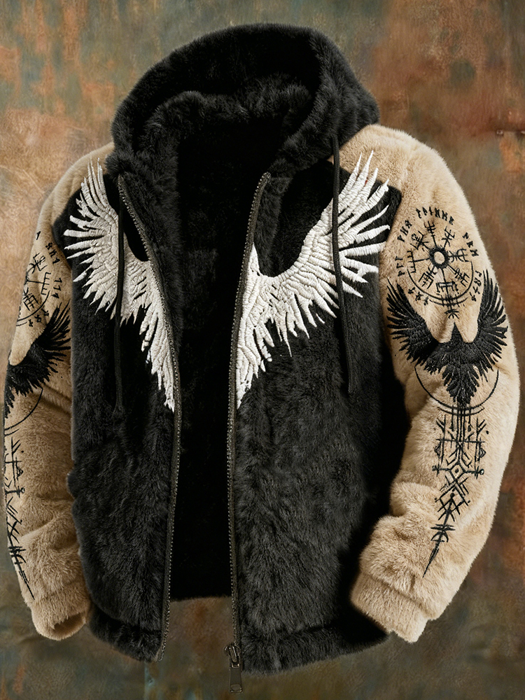 Men's Viking Tribal Jacquard Celtic With Crows & Wings Inspired Plush Warm Zipped Hooded Jacket