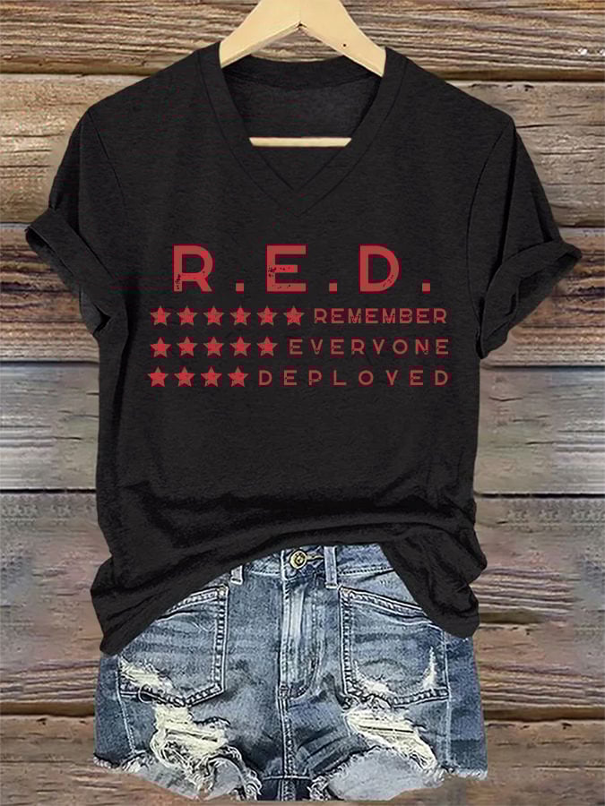 Women's On Fridays We Wear RED Remember Everyone Deployed Print V Neck T-shirt