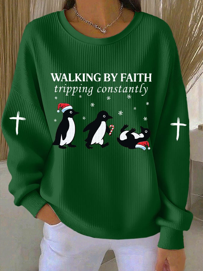 Women's Funny Christmas Goose Walking By Faith Tripping Constantly Print Casual Sweatshirt
