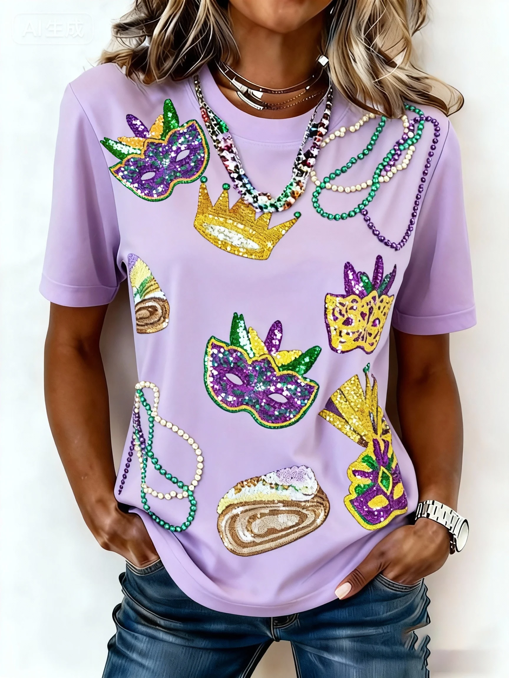 Women's casual fashion Mardi Gras print T-shirt