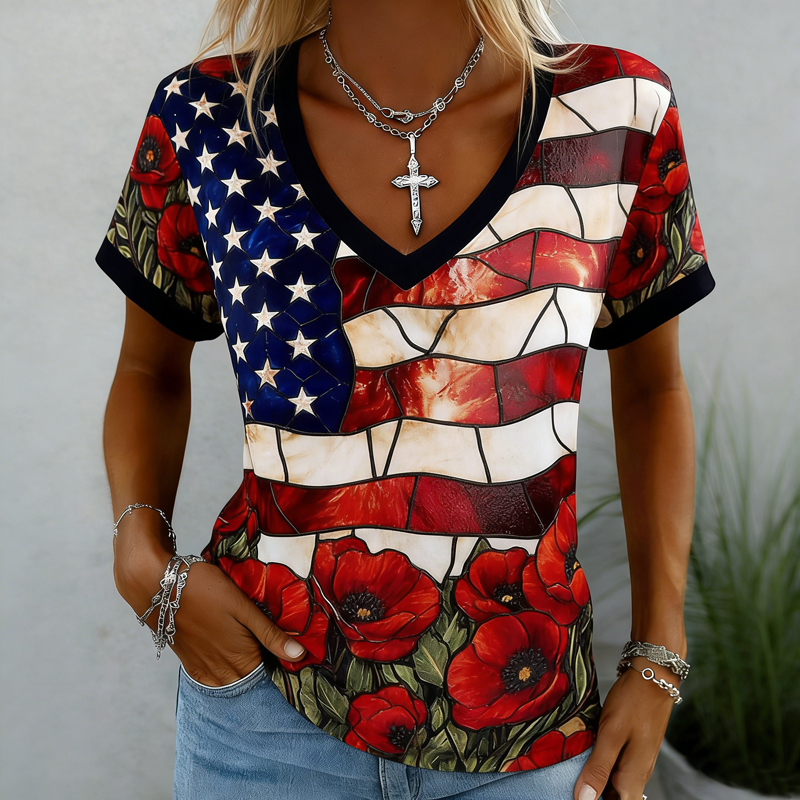 Women's Memorial Day Poppy Art Printed T-Shirt