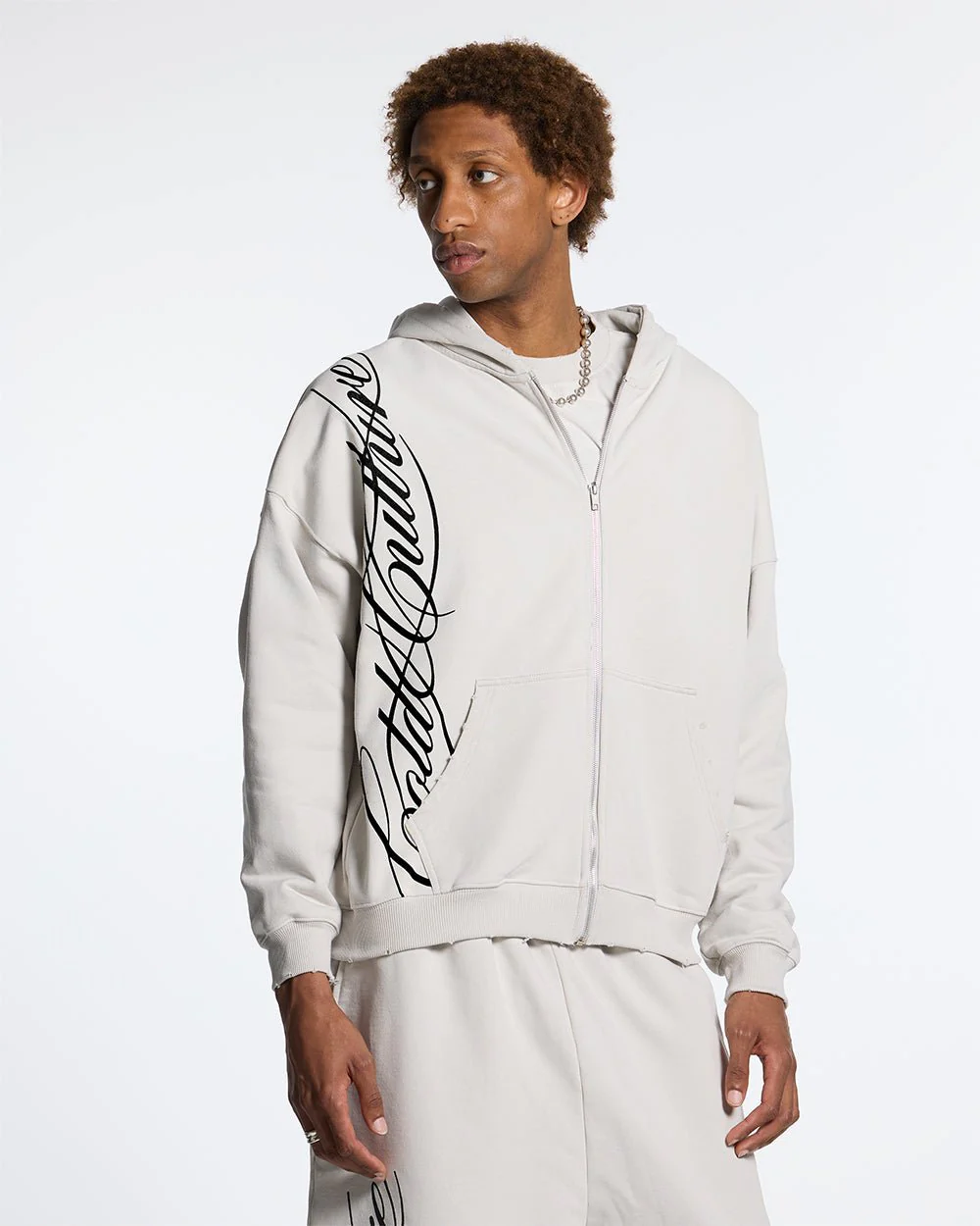 SCRIPT ZIP HOODIE LIGHT GREY