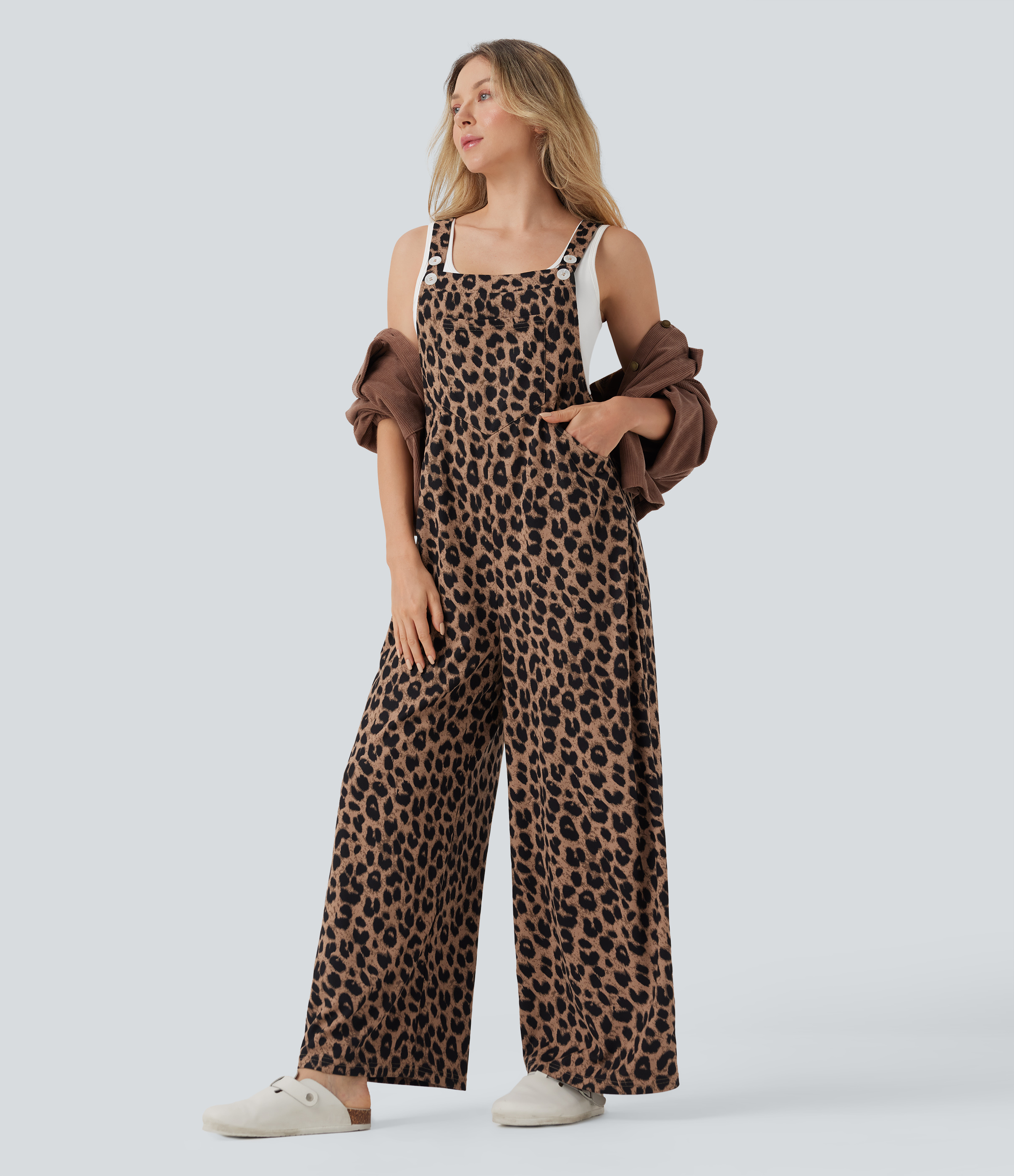 Leopard Print Waffle Casual Overalls with Pockets
