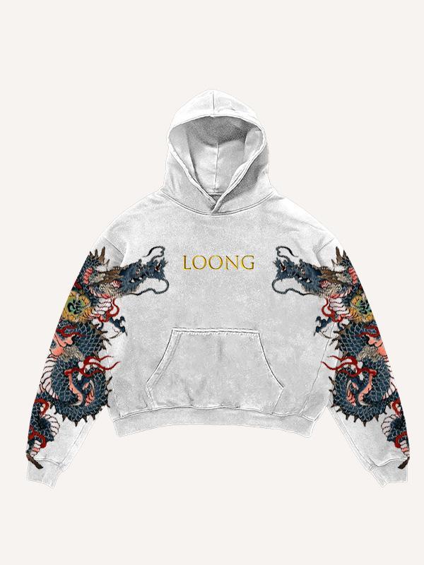 Dragon&Letter Print Slant Pockets Hoodie