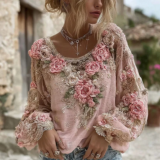 Women's Pink Rose Embroidery Art Round Neck Long Sleeve Linen Blend T-shirt