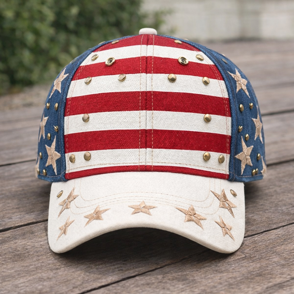Vintage American Flag Studded Baseball Cap – Distressed Patriotic Embroidered Star Snapback Hat