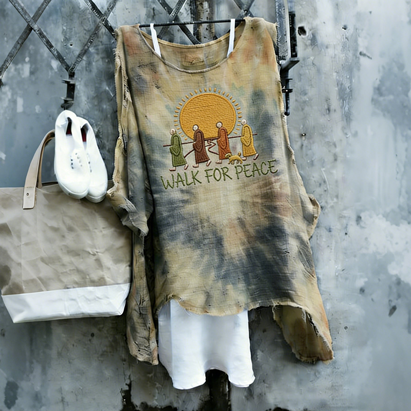 Walk For Peace Aloka Dog In Tie Dye Art Linen Tunic