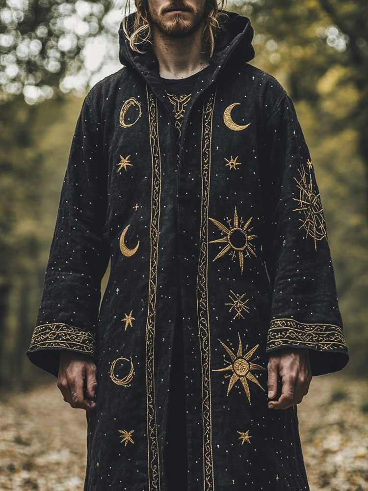 Nordic Mythology Sun, Moon And Stars Embroidered Men's Linen Hooded Jacket