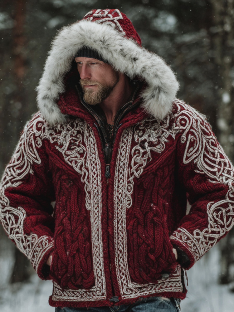 Men's Christmas Santa Celtic Art Warm Hooded Knit Sweater Jacket