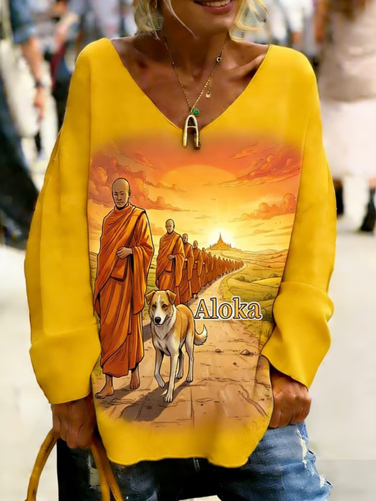 Retro Walk For Peace Monks With Aloka Dog Print T-shirt