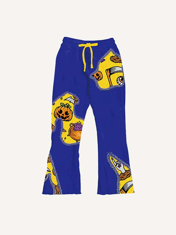 Colorblock Pumpkin&Bat&Eyeball&Palm&Graphic&Letter Faux Decal Print Elastic Waist Pants