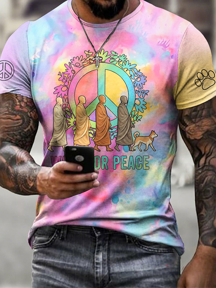Men's Vintage Walk For Peace Monks With Aloka Dog Art Print Short Sleeve T-shirt