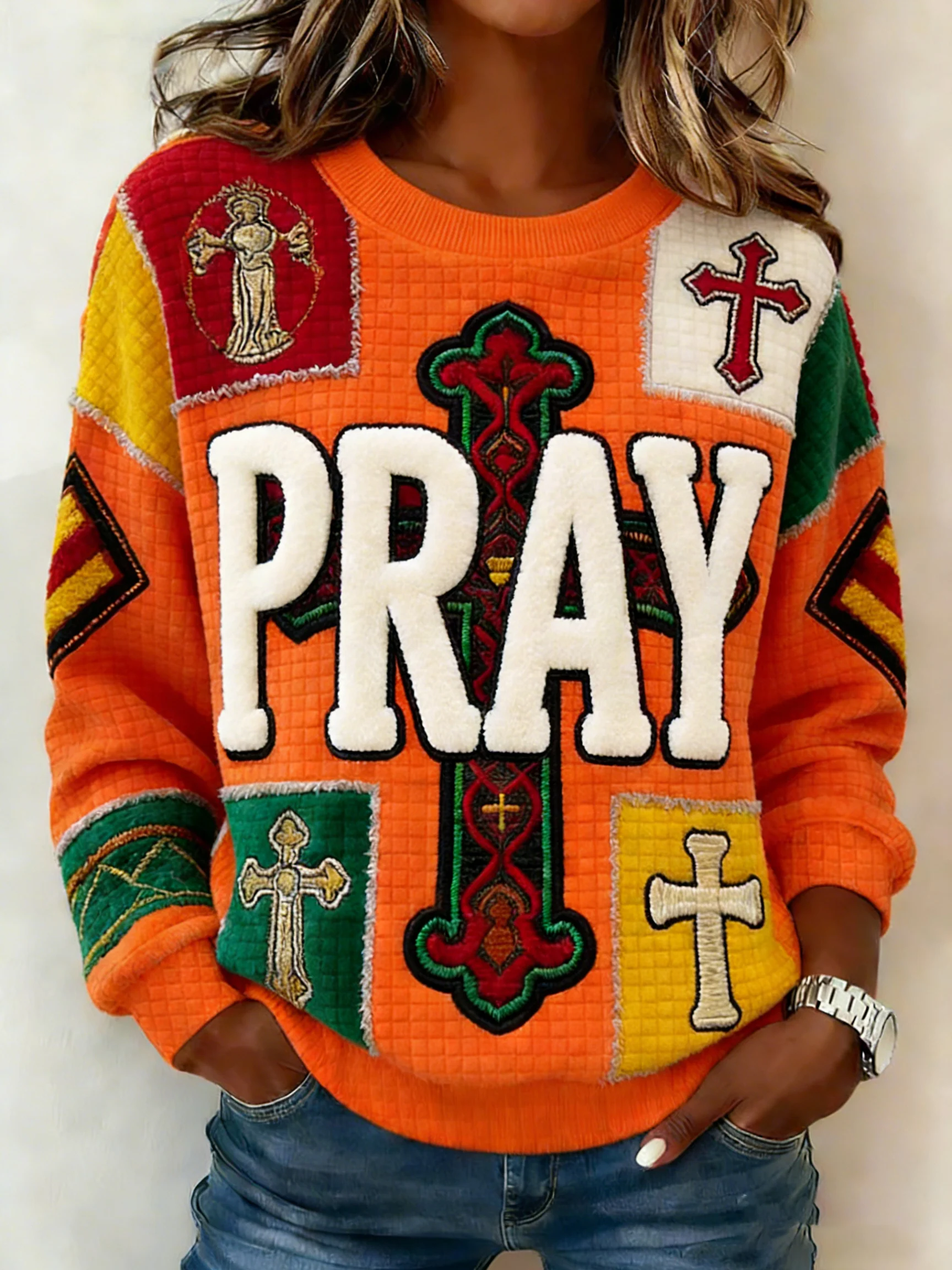 Women's Retro Faith Cross Pray Art Print Flannel Sweatshirt-Fast Shipping