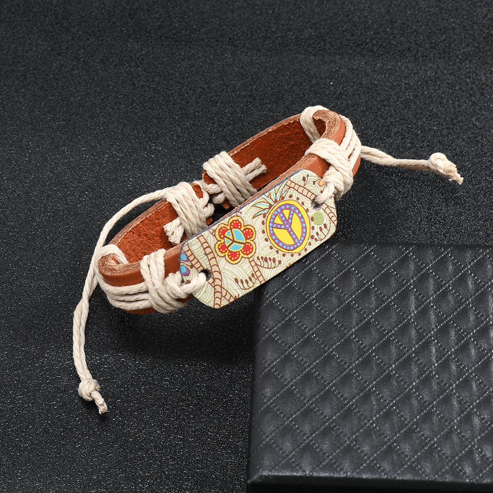Retro Ethnic Style Peace Sign Cowhide Bracelet