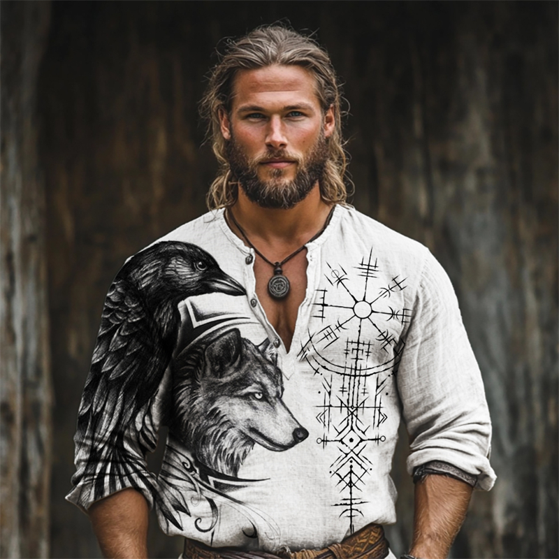 Men's Viking Vegvisir Raven & Wolf Art Linen Blend Henley Shirt