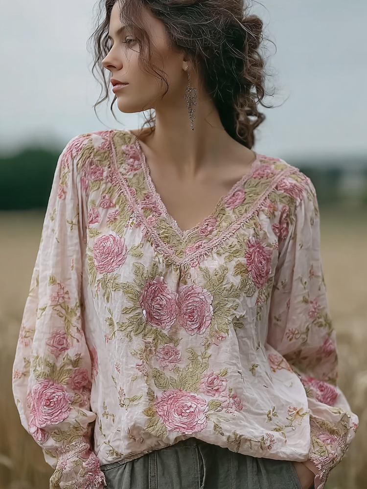 Bohemian Retro Countryside Style Plant Flower Design Cotton And Linen Women's Long-sleeve Shirt