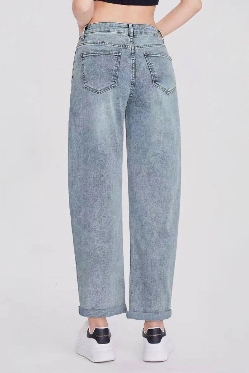 Mid-Rise Wide-Leg Jeans Roll Cuff Vintage Multi-Pocket Street Style