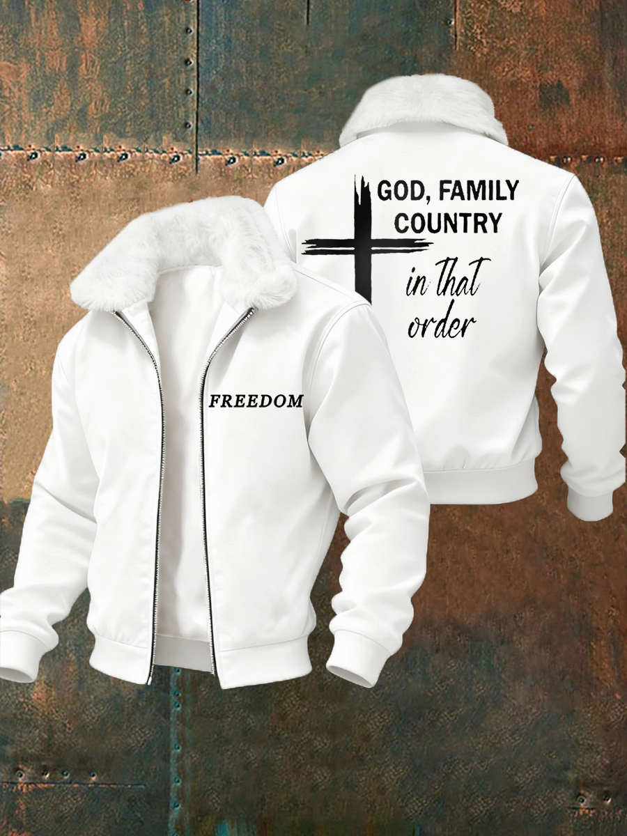 Men's Freedom God Family Country In That Order Fur Collar Zip-Up Jacket