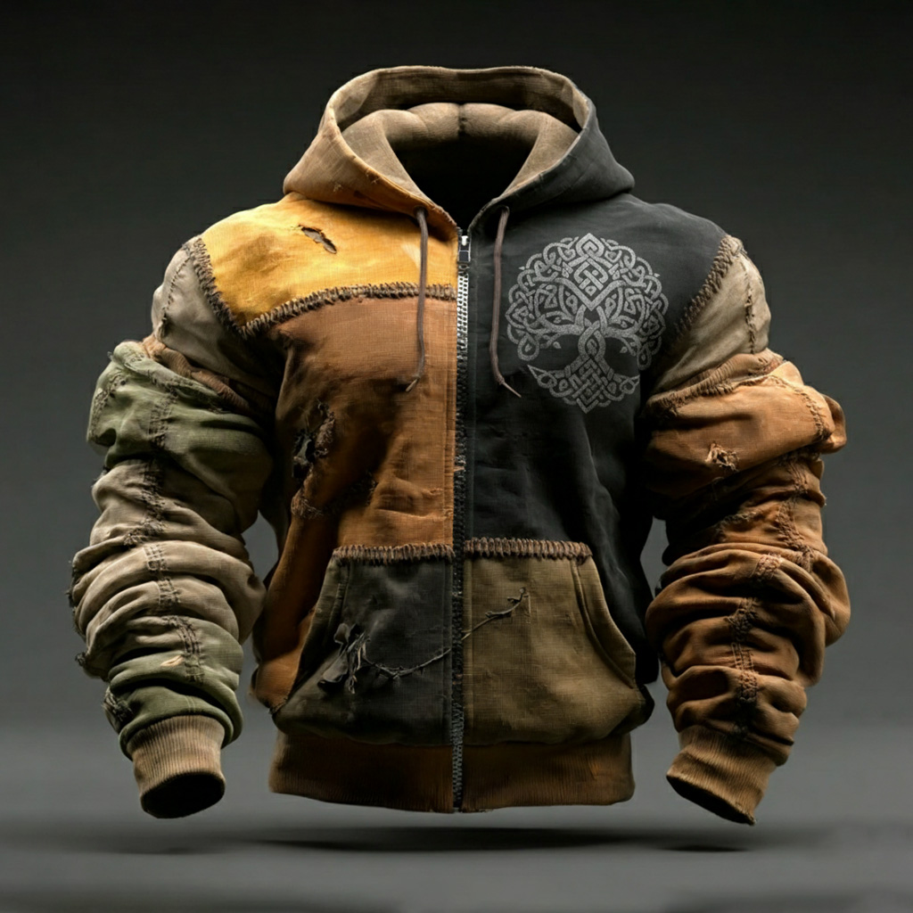 Men's Vintage Celtic Tree Of Life Pattern Distressed Hooded Jacket
