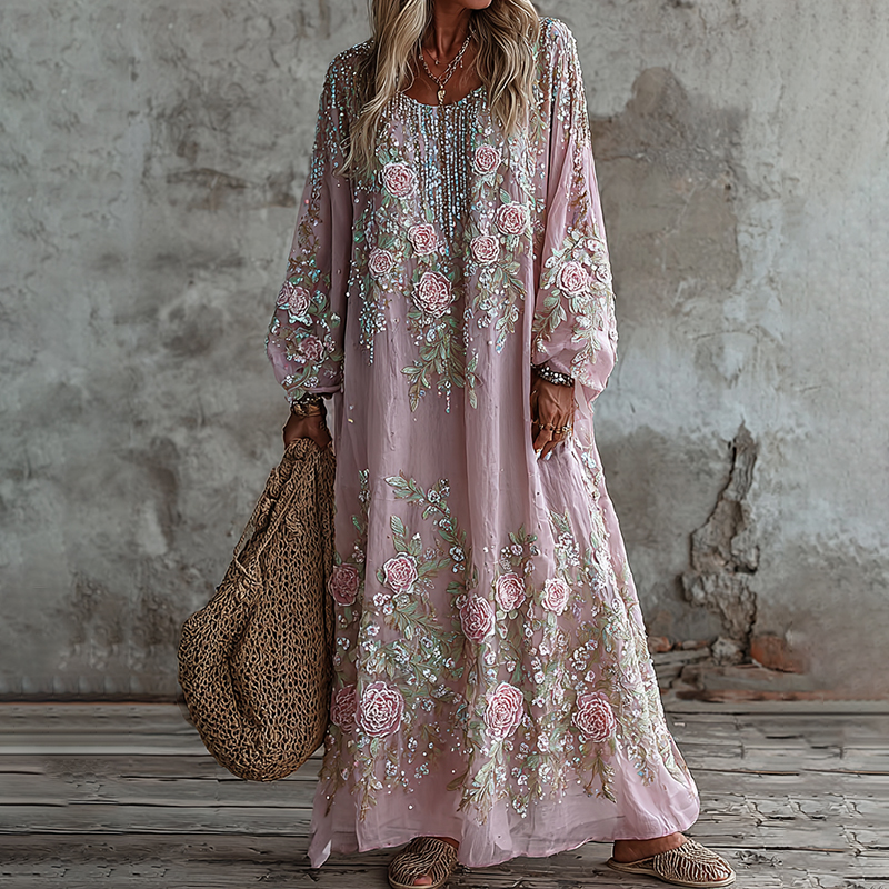Women's Vintage Floral Art Flowy Linen Blend Casual Long Sleeve Maxi Dress