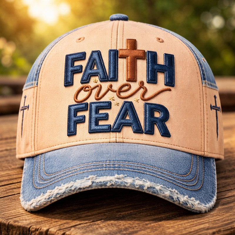 Faith Over Fear Patchwork Denim Print Casual Hat