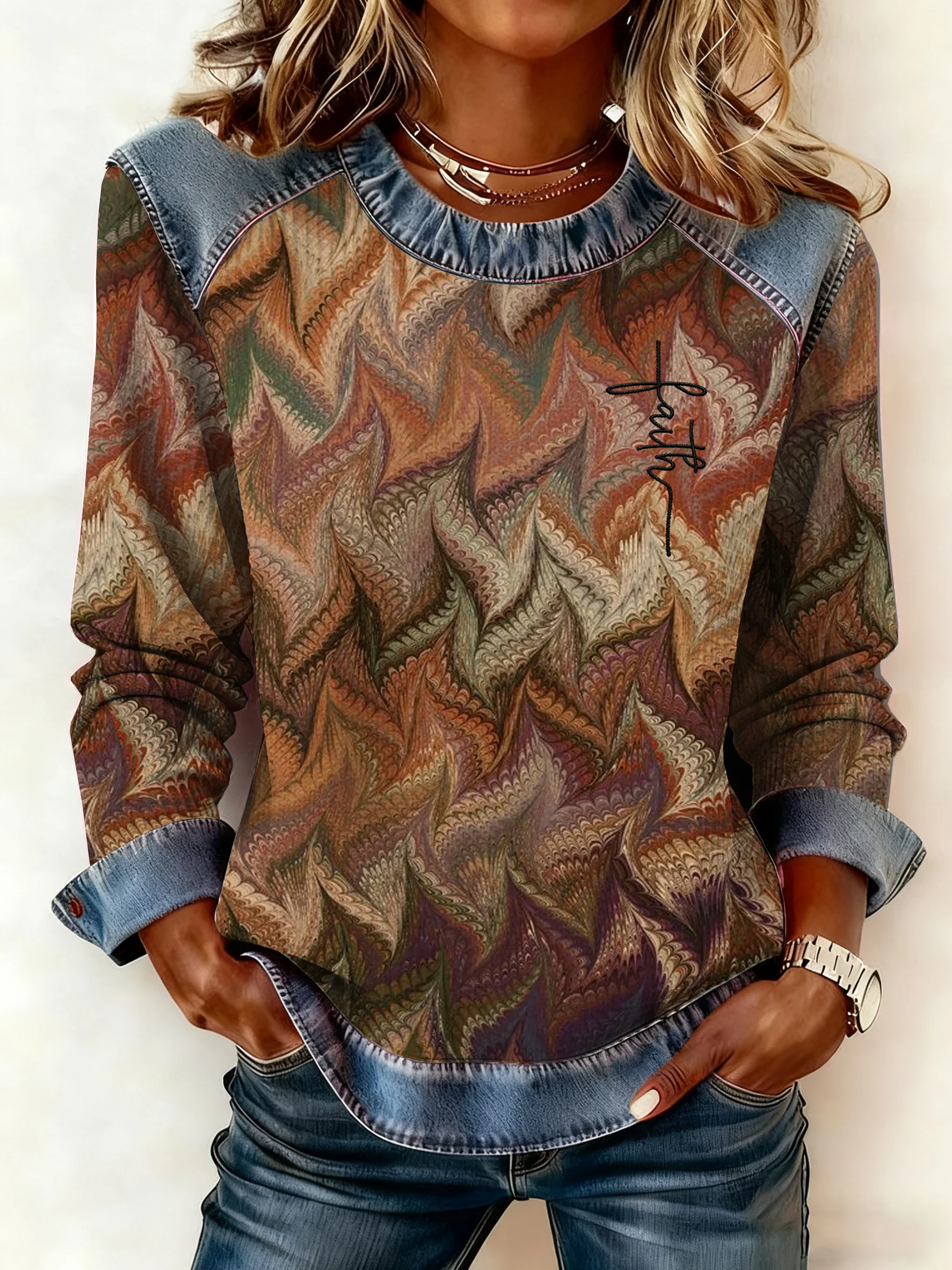 Women's Autumn/Winter Retro Western Style Denim Print Top-Fast Shipping