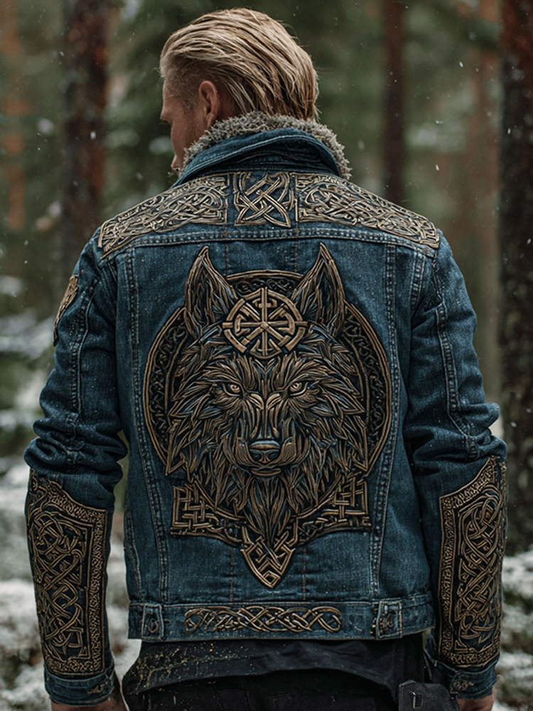 Men's Vintage Viking Celtic Knot Wolf Art Washed Denim Jacket