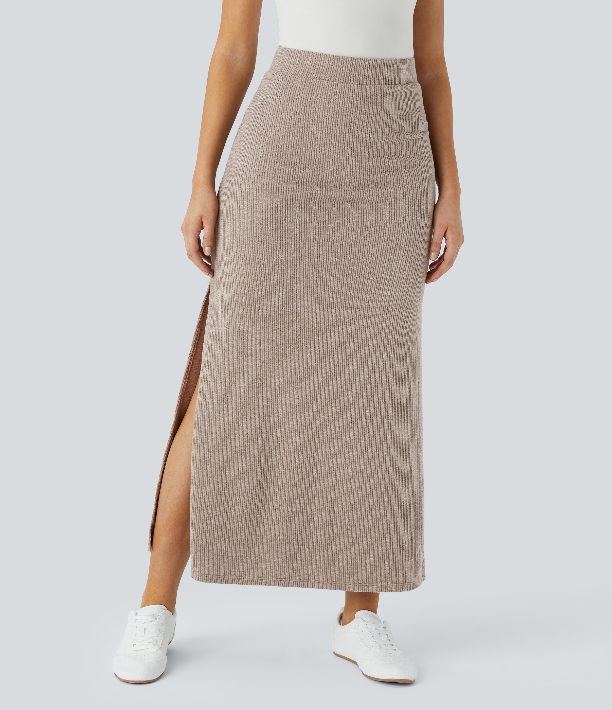 Ribbed High Waisted Hem A Line Maxi Casual Skirt