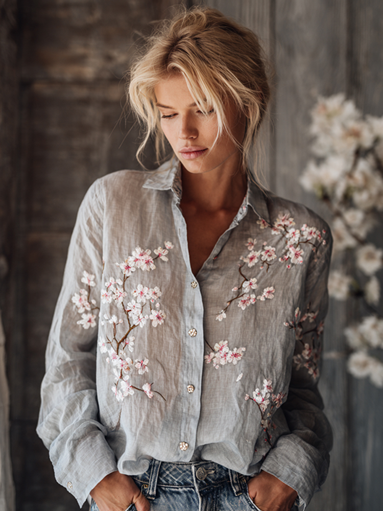 Women's Vintage Plum Blossom Embroidered Floral Linen Long Sleeve Shirt