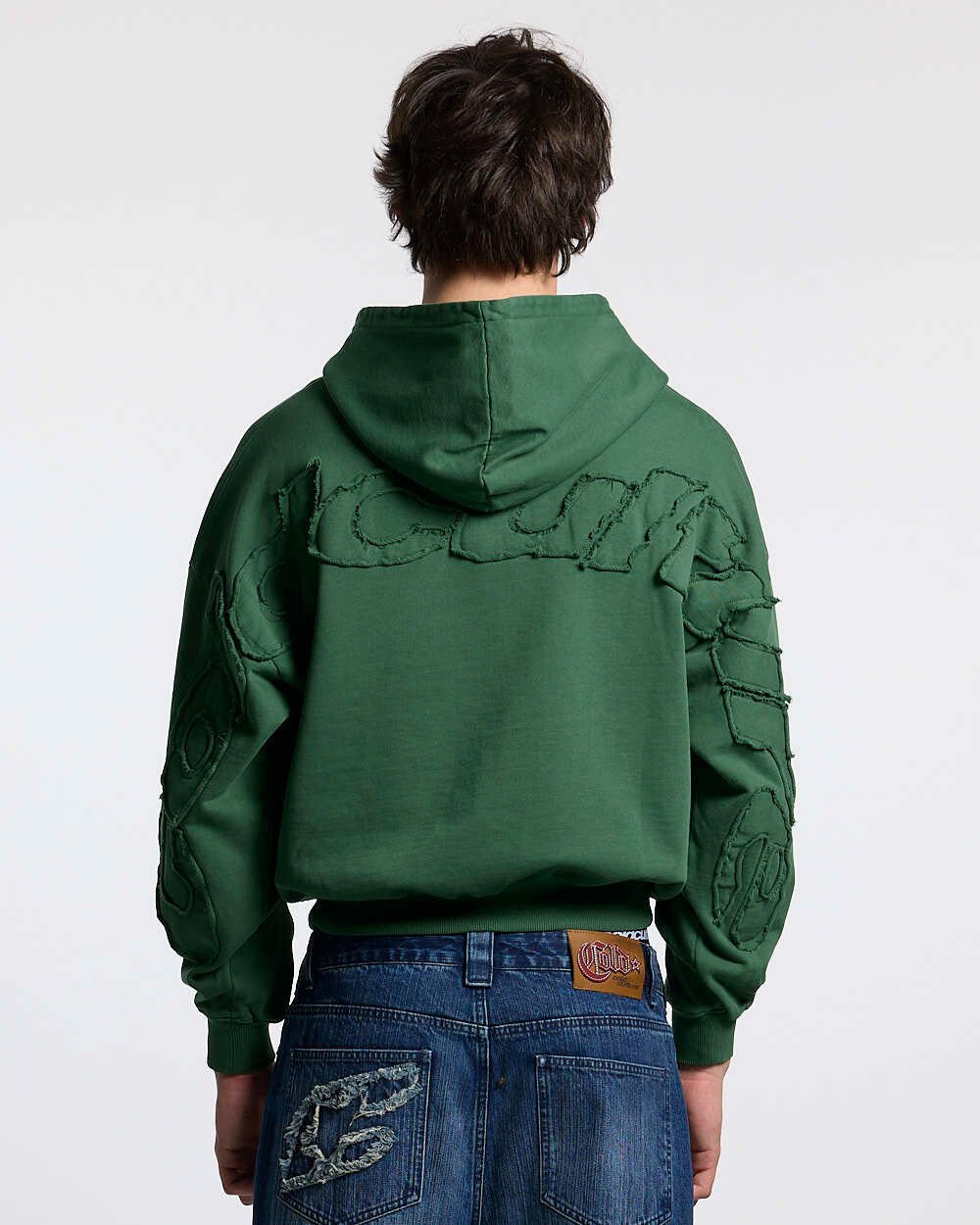 DISTRESS CURVED HOODIE GREEN