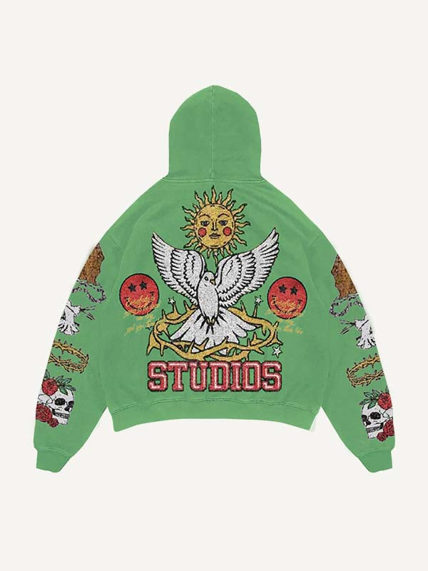 Sun&Animal&Pray&Skull Faux Decal Print Slant Pockets Hoodie